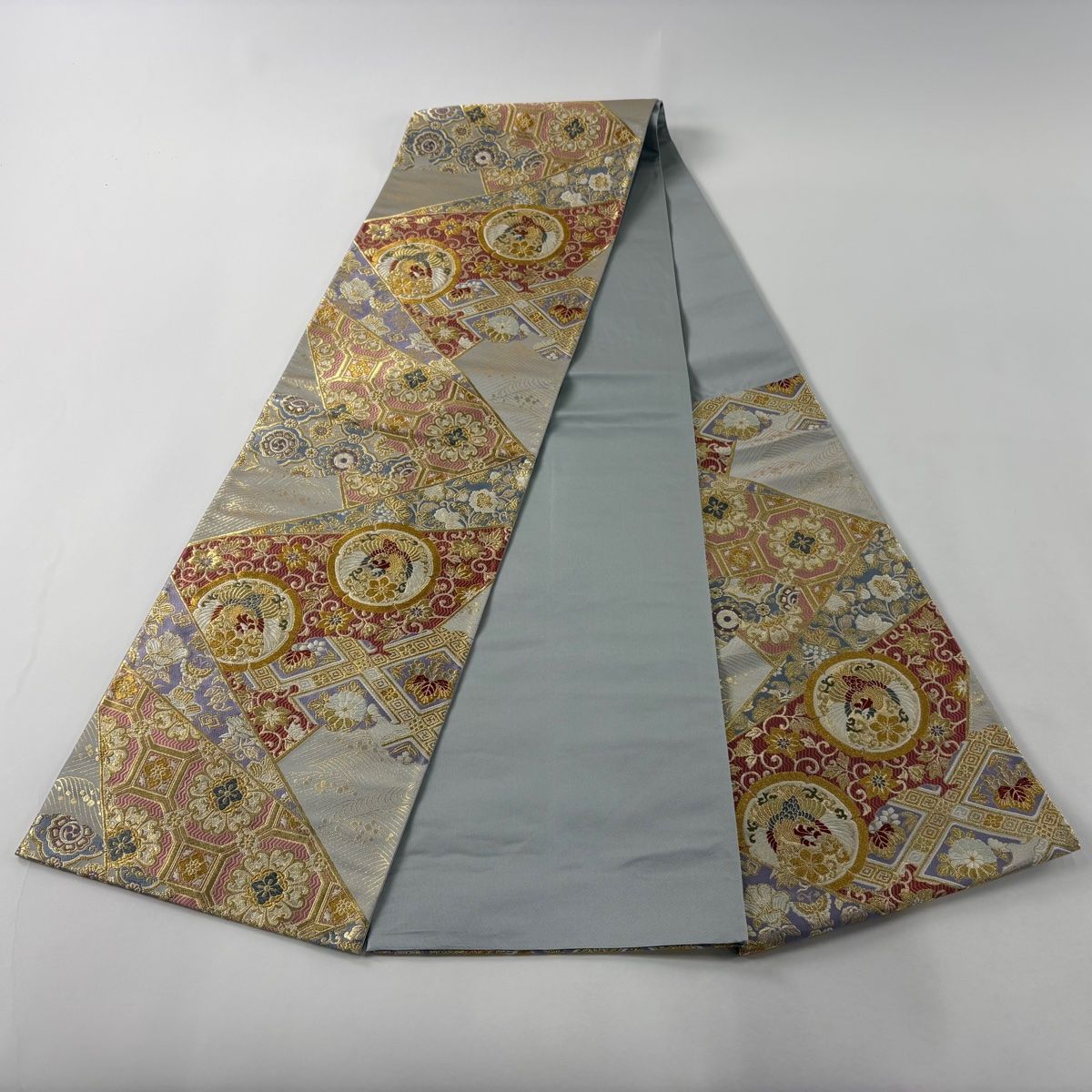 美品 袋帯 シルバー 鳳凰 唐草花 箔糸 長さ4m41cm 六通柄 仕立て上がり 美品 袋帯 シルバー 鳳凰 唐草花 箔糸 長さ4m41cm 六通柄 仕
