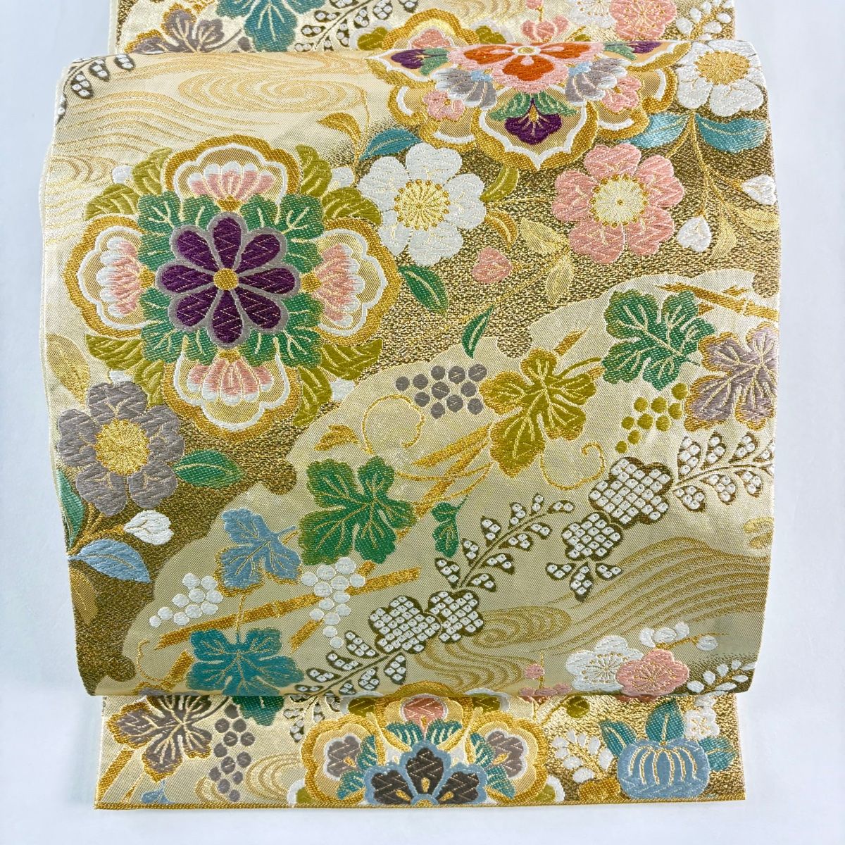 美品】 袋帯 秀品 貝紫染 本泥染 華文 葡萄 金糸 本金箔 金色 六通