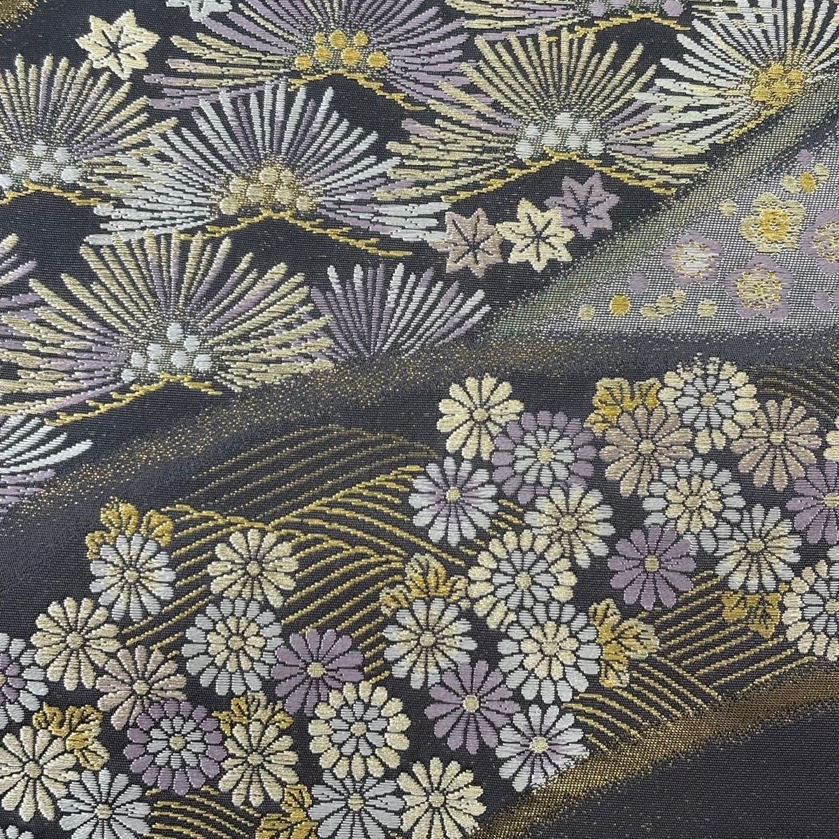 袋帯 美品 秀品 牡丹 よろけ縞 唐織 箔 緑 六通 正絹 【中古】 | OSIR 