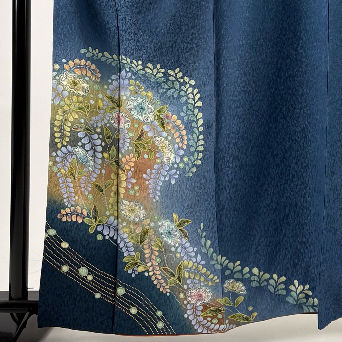 付下げ 身丈162cm 裄丈64.5cm M 袷 辻が花 ぼかし 金彩 藍色 正絹 秀品