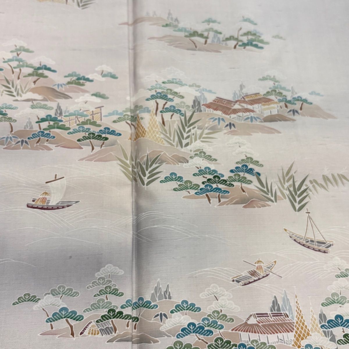  付下げ 身丈162 5 cm 裄丈67 M 袷 紬地 家屋 舟 ぼかし 青灰色 正絹 秀品 訪問着 付け下げ 着物