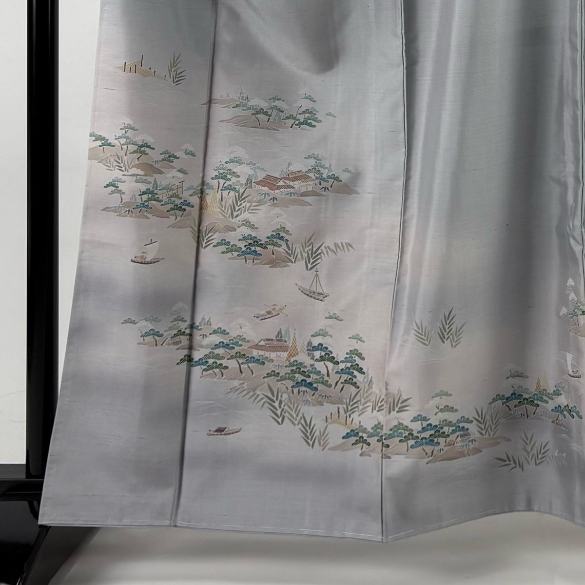 付下げ 身丈162 5 cm 裄丈67 M 袷 紬地 家屋 舟 ぼかし 青灰色 正絹 秀品