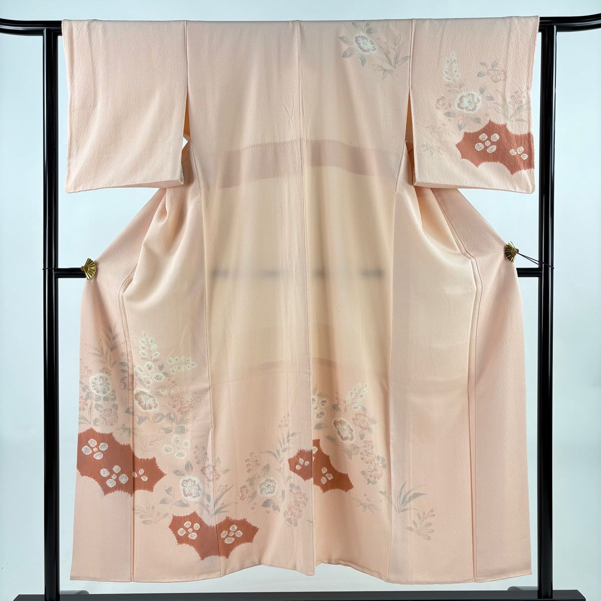 訪問着 身丈150 5 cm 裄丈62 S 袷 ますいわ屋 椿 草花 絞り ちりめん ピンク 正絹 秀品