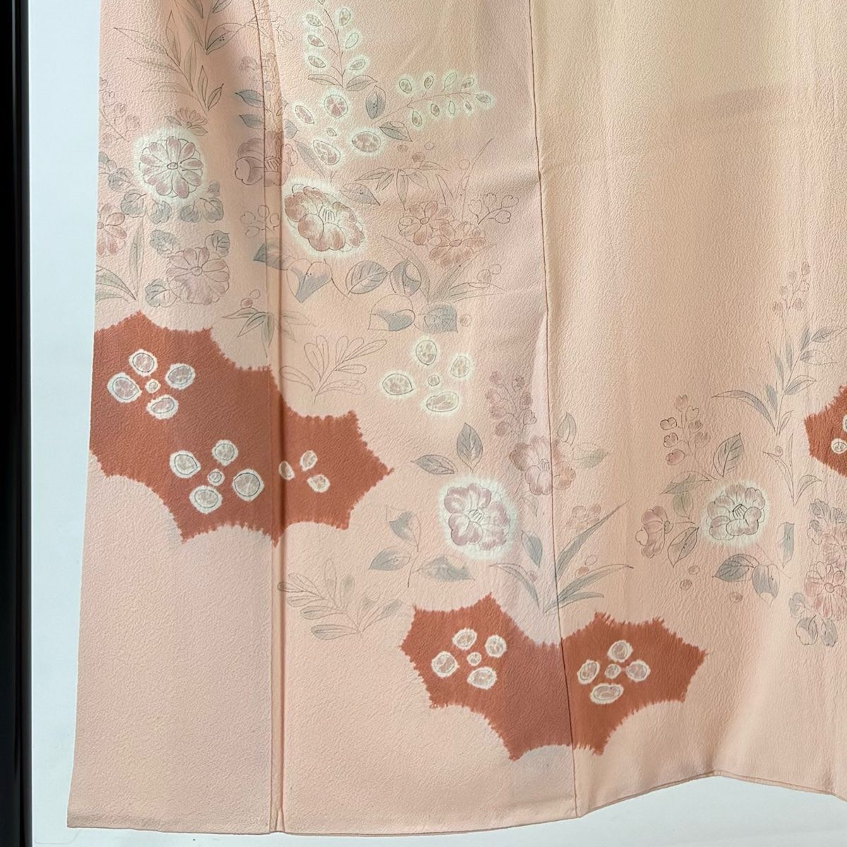 訪問着 身丈150 5 cm 裄丈62 S 袷 ますいわ屋 椿 草花 絞り ちりめん ピンク 正絹 秀品