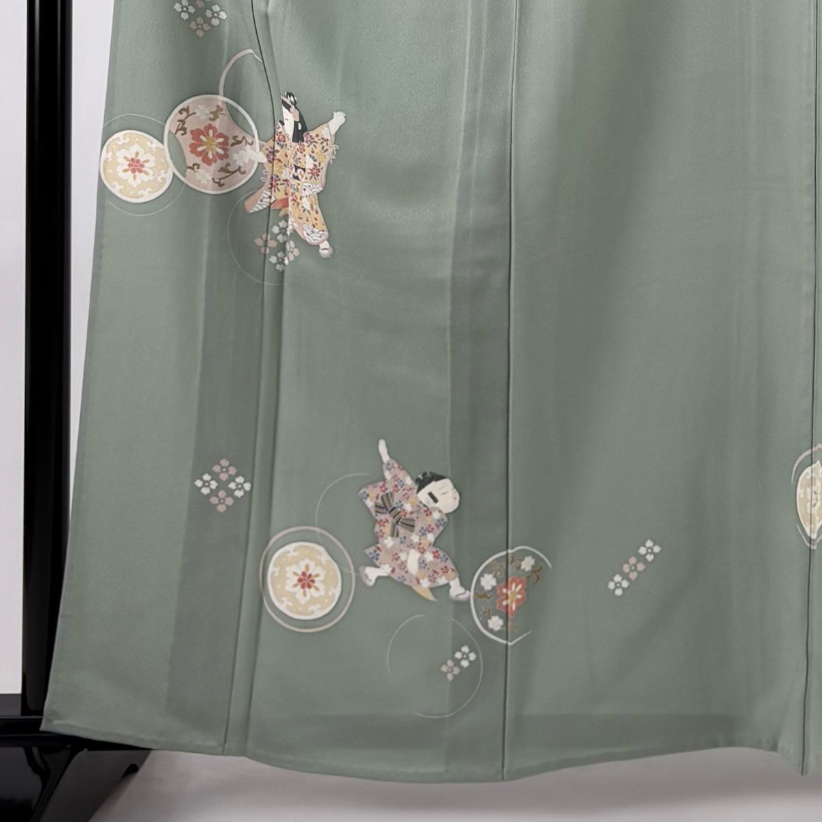 付下げ 身丈162 cm 裄丈67 M 単衣 童 草花 灰緑 正絹 秀品