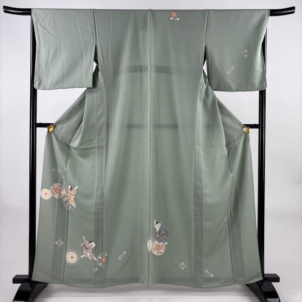 付下げ 身丈162 cm 裄丈67 M 単衣 童 草花 灰緑 正絹 秀品