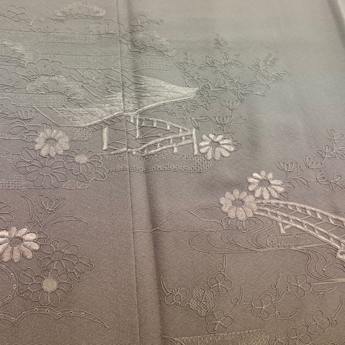  付下げ 身丈169 5 cm 裄丈65 M 袷 建物 橋 刺繍 ぼかし 灰紫 正絹 秀品 訪問着 付け下げ 着物