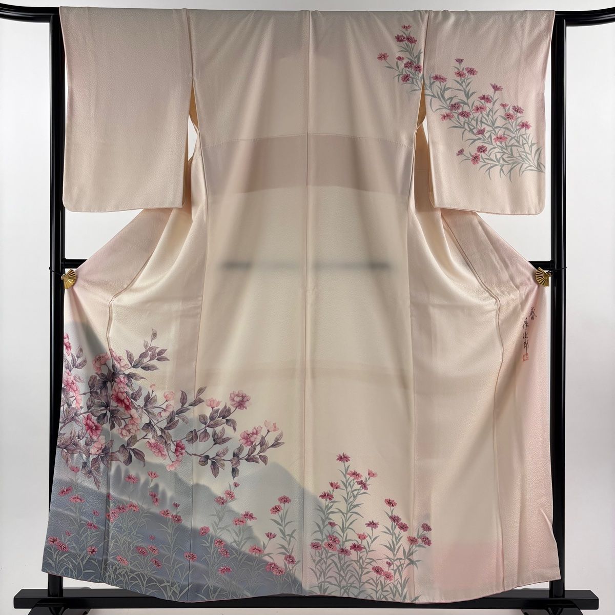 訪問着 身丈159 cm 裄丈64 5 M 袷 二代目清次郎 落款 枝花 草花 ぼかし 薄ピンク 正絹 秀品