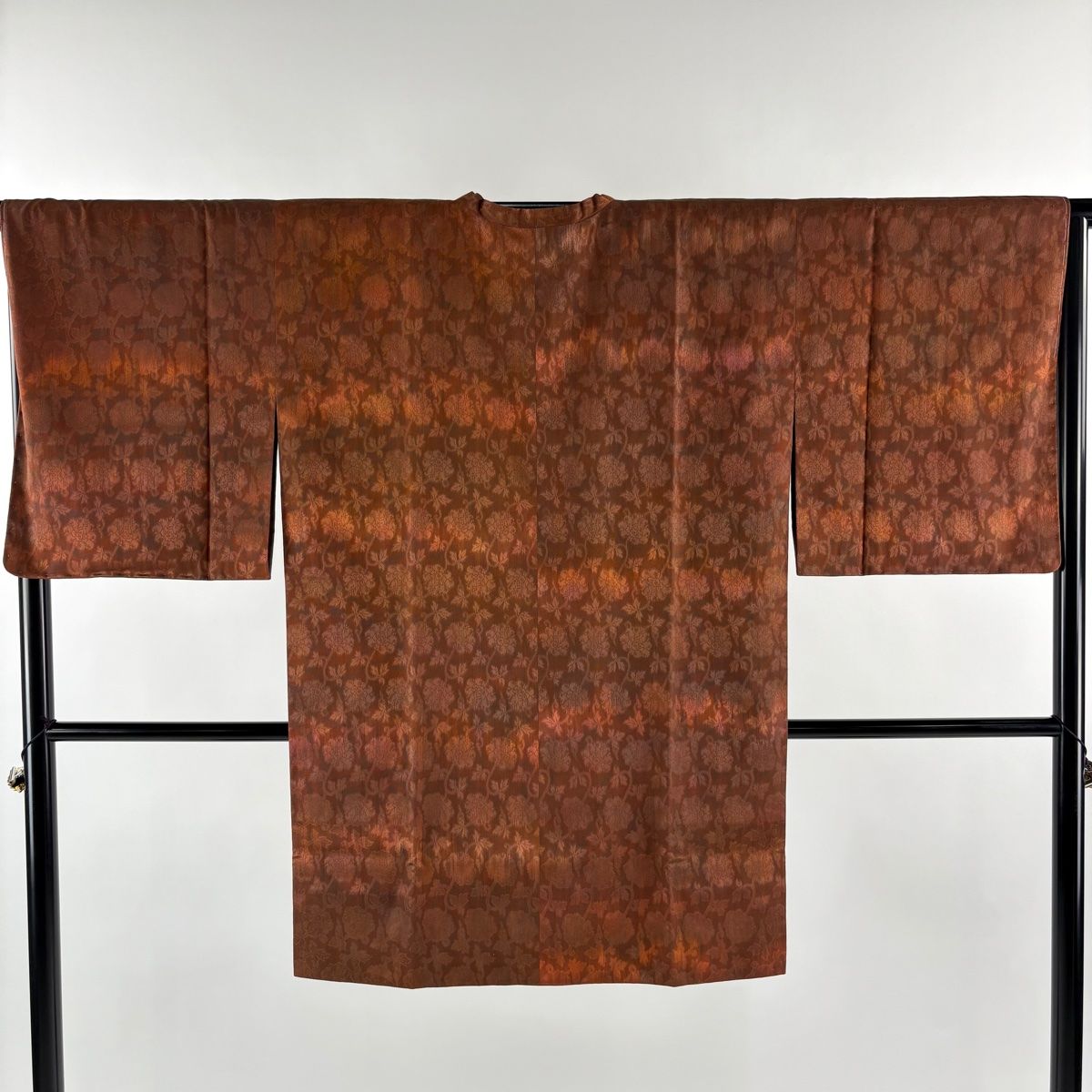 道行 身丈98 cm 裄丈65.5 M 和装コート 角衿 証紙 花唐草 能州織 赤茶 正絹 秀品