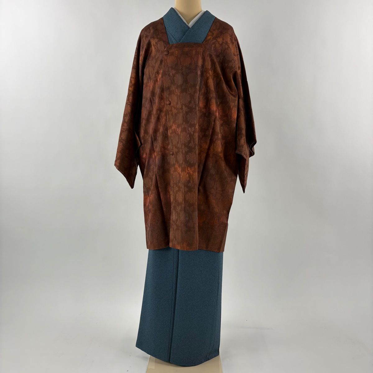 道行 身丈98 cm 裄丈65.5 M 和装コート 角衿 証紙 花唐草 能州織 赤茶 正絹 秀品