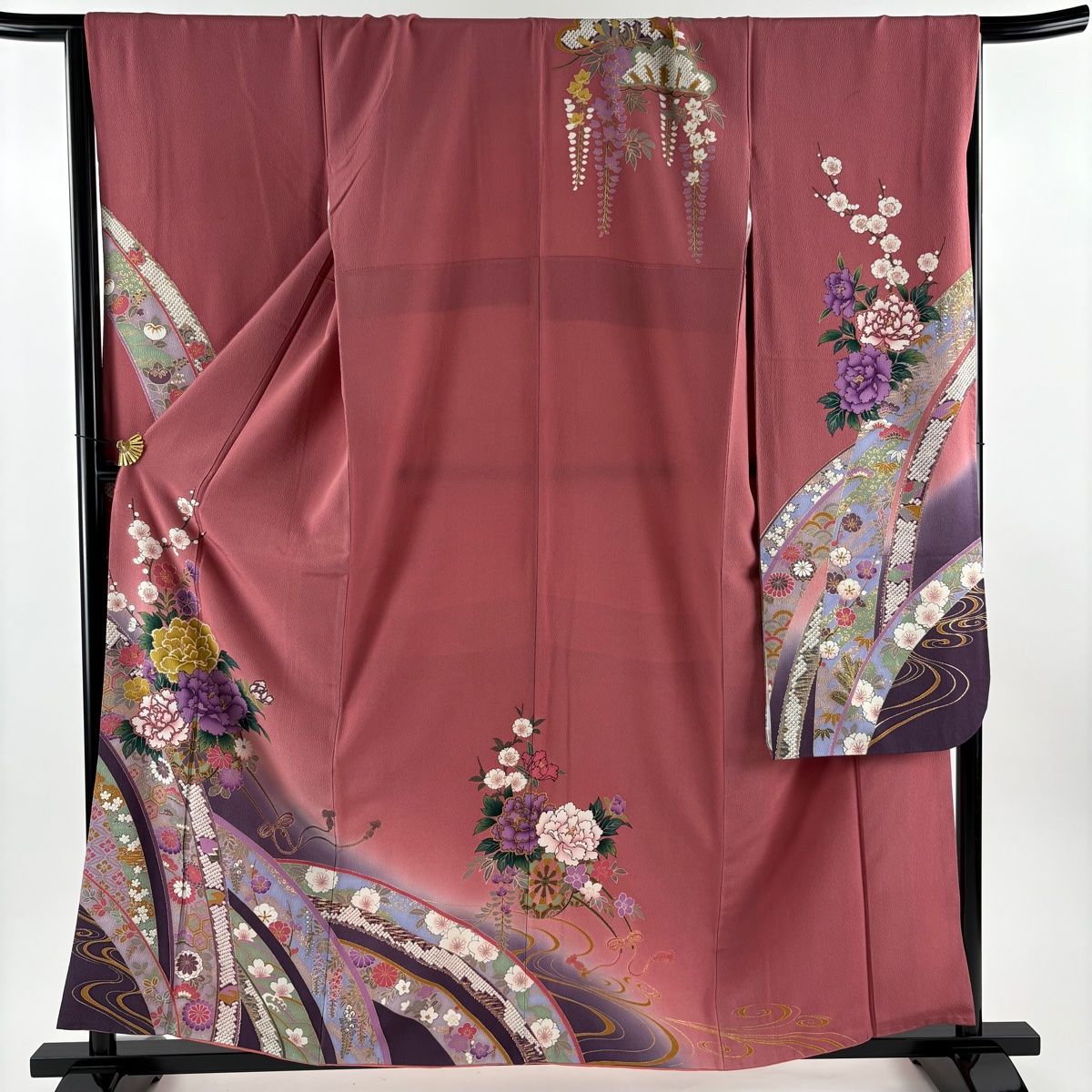 パステルぼかし四季の花々豪華花車鈴乃屋振袖Mサイズ 振袖 身丈158.5cm 裄丈68cm L 袷 鈴乃屋 花車 流水 金彩 ぼかし ピンク