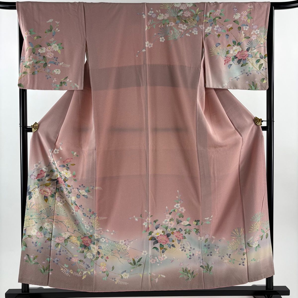 訪問着 身丈156 5 cm 裄丈66 M 袷 草花 松梅 金彩 ぼかし ピンク 正絹 秀品