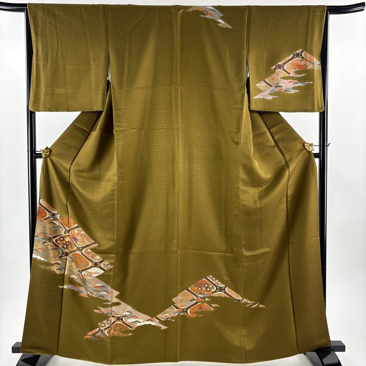 訪問着 身丈163 cm 裄丈66 M 袷 菱 花鳥 金銀彩 茶緑色 正絹 秀品