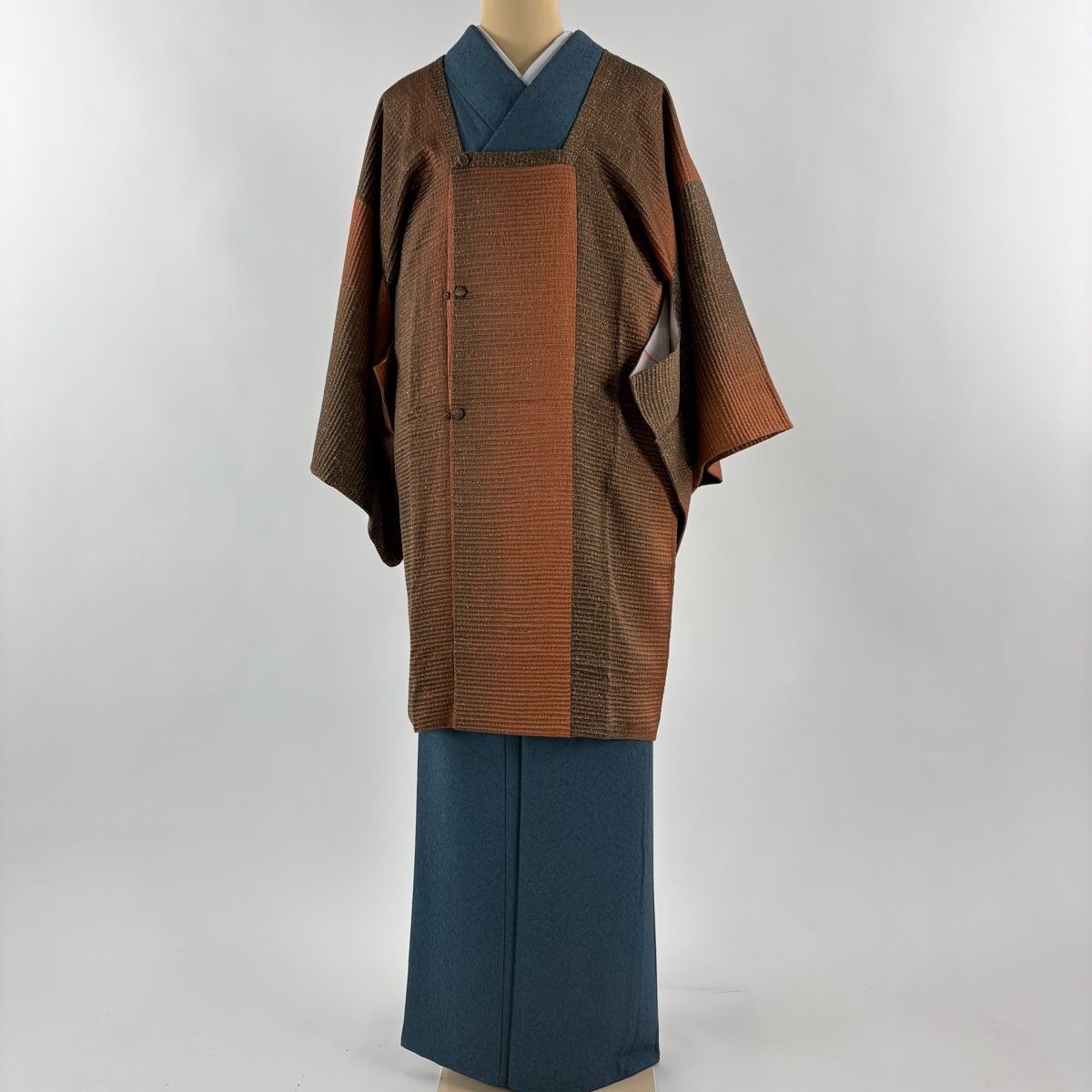 道行 身丈94 cm 裄丈65 M 和装コート 角衿 幾何学模様 染め分け 赤茶 正絹 秀品