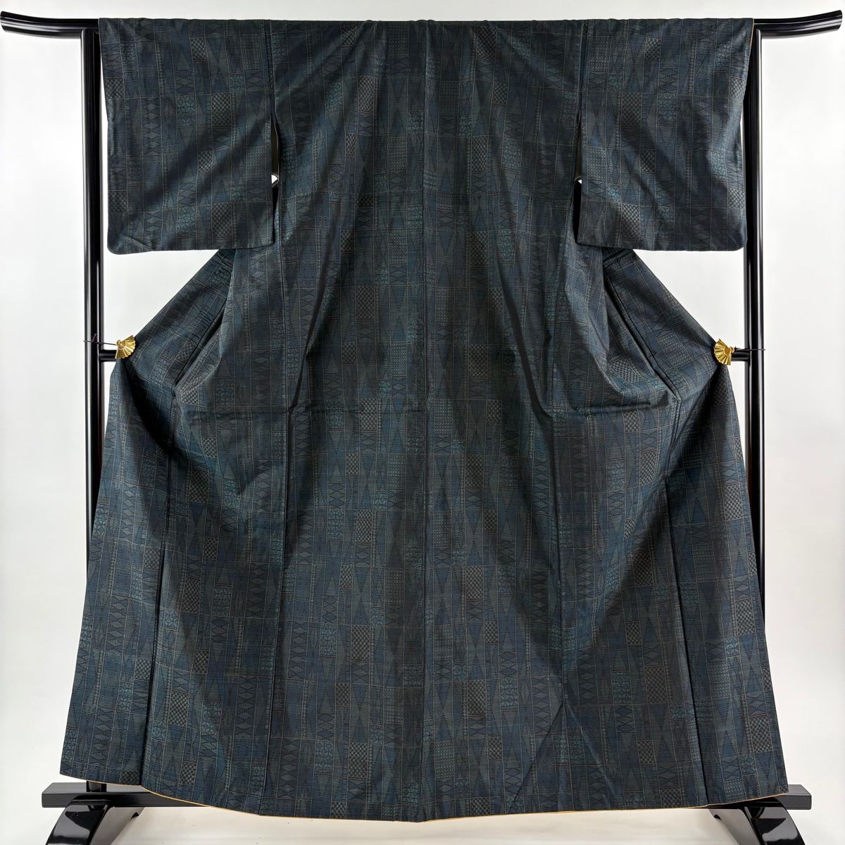 大島紬 身丈162.5cm 裄丈64cm M 袷 アンサンブル 証紙 幾何学模様 深緑