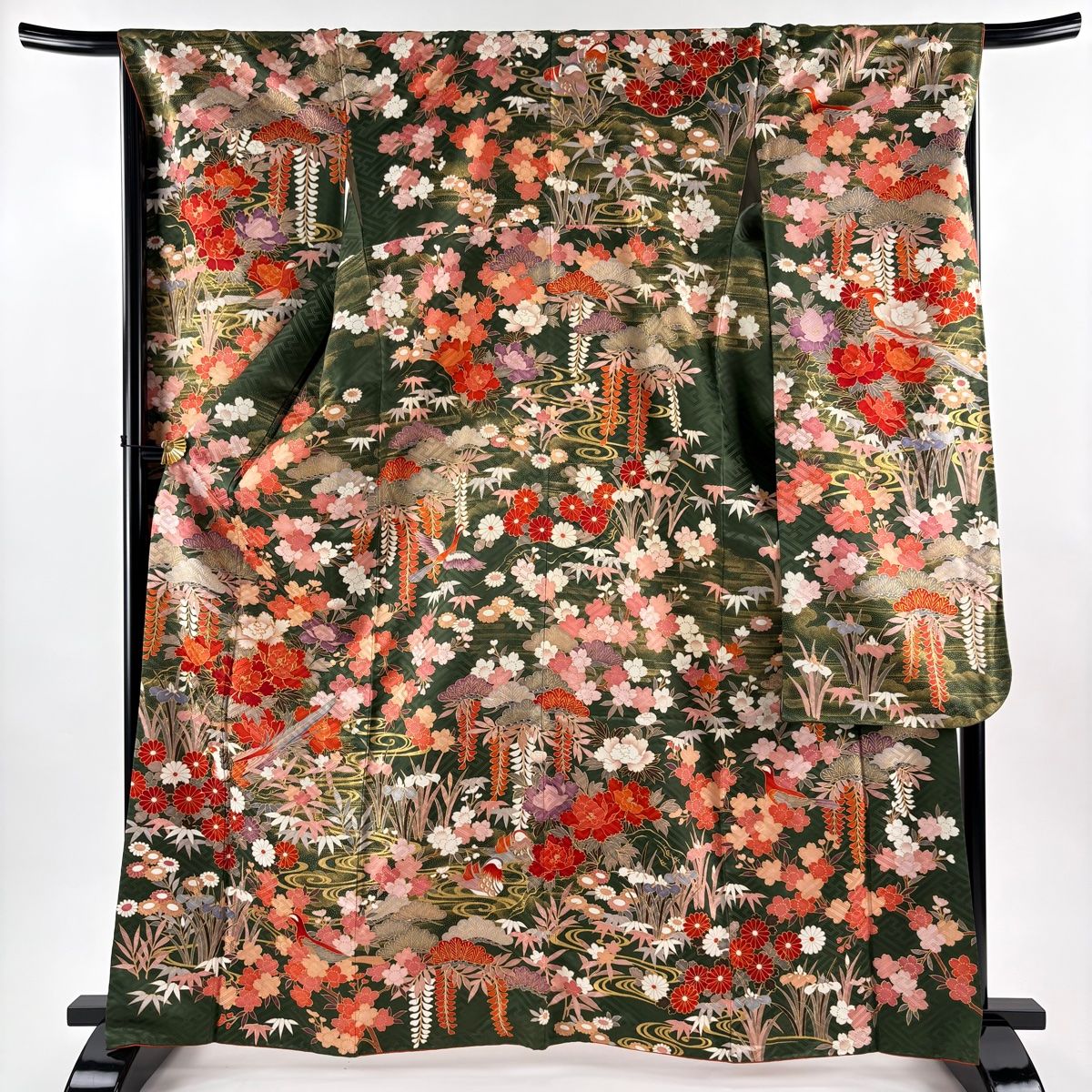 美品】 振袖 身丈165cm 裄丈69cm L 袷 草花 鳥 金糸 金彩 緑 正絹 秀品