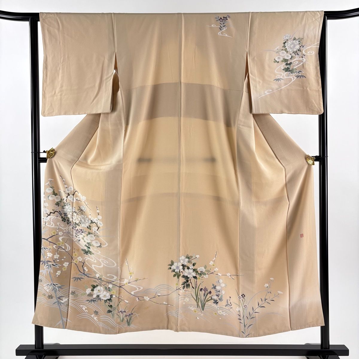 訪問着 身丈150 cm 裄丈64 M 袷 落款 牡丹 枝梅 金糸 金彩 ベージュ 正絹 秀品