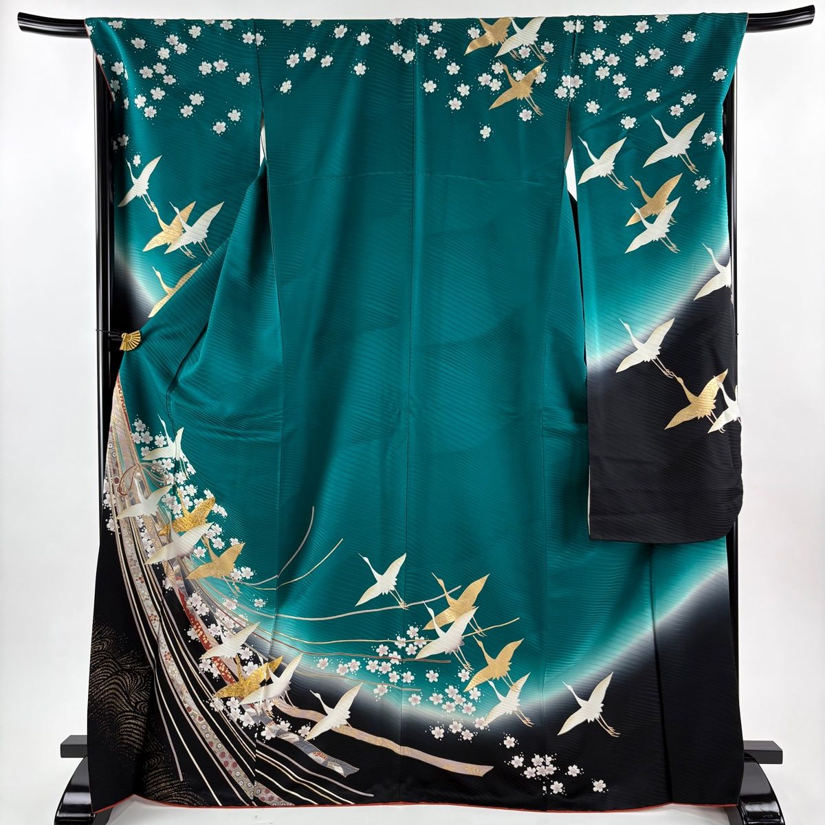 振袖 身丈170cm 裄丈70cm L 袷 鶴 桜 金糸 金彩 緑 正絹 秀品 【】