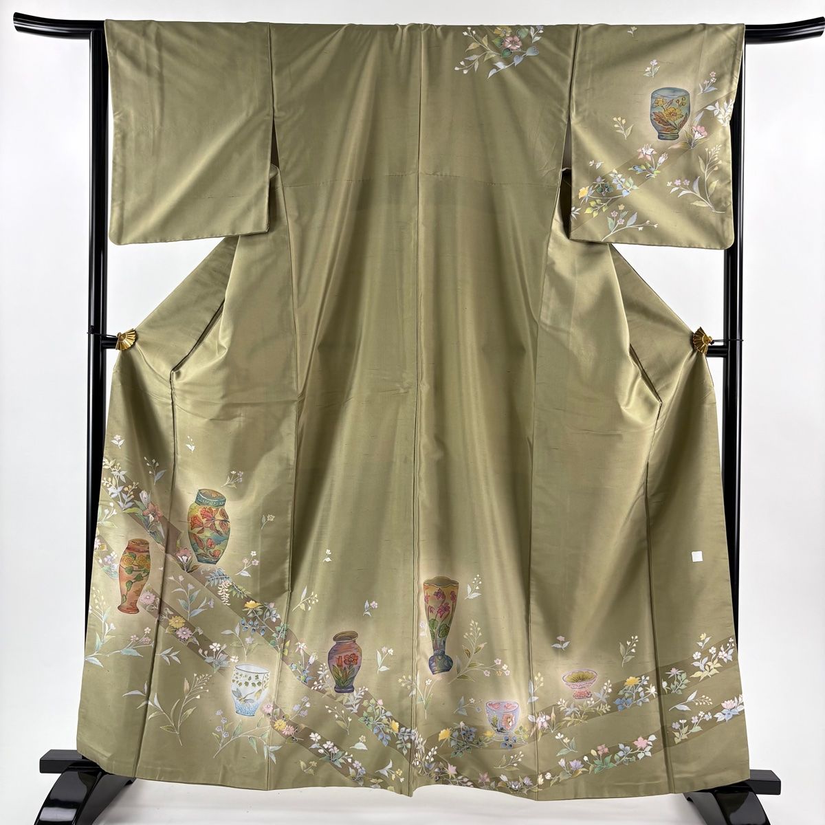 訪問着 身丈162.5cm 裄丈65.5cm M 袷 紬地 器物 草花 金彩 ぼかし 灰緑