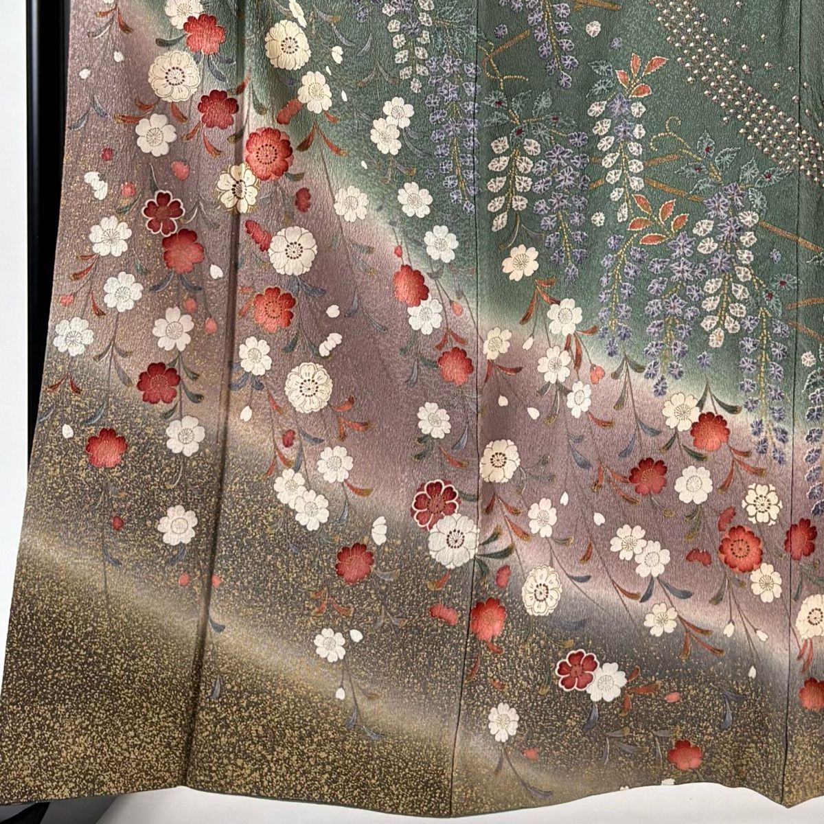 訪問着 身丈163 5 cm 裄丈68 L 袷 枝垂れ桜 藤 金彩 絞り 灰緑 正絹 秀品
