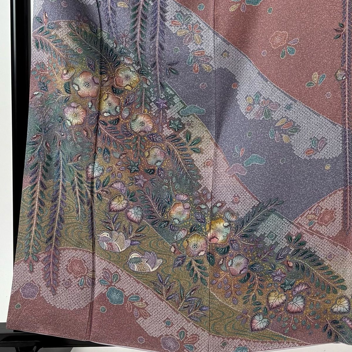 訪問着 身丈161 5 cm 裄丈65 M 袷 辻が花柄 鴛鴦 金彩 染め分け 青紫 正絹 秀品