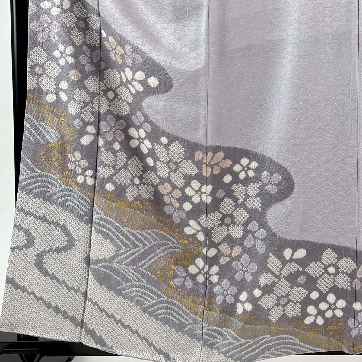 訪問着 身丈159 5 cm 裄丈66 M 袷 花 波 絞り 金彩 灰紫 正絹 秀品