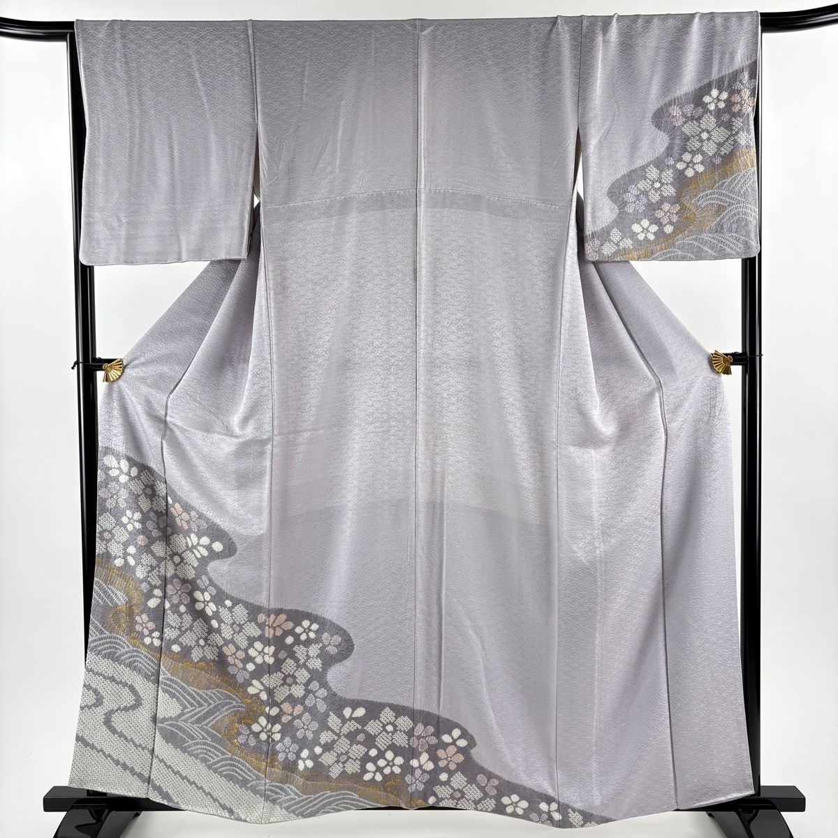 訪問着 身丈159.5 cm 裄丈66.5 M 袷 花 波 絞り 金彩 灰紫 正絹 秀品