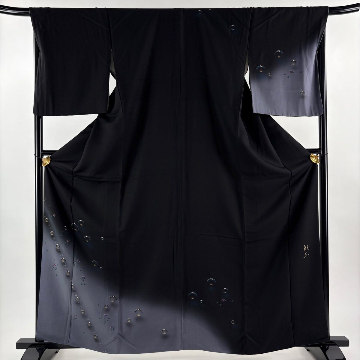 訪問着 身丈163 5 cm 裄丈68 L 袷 落款 雫 草花 金彩 ぼかし 黒 正絹 秀品