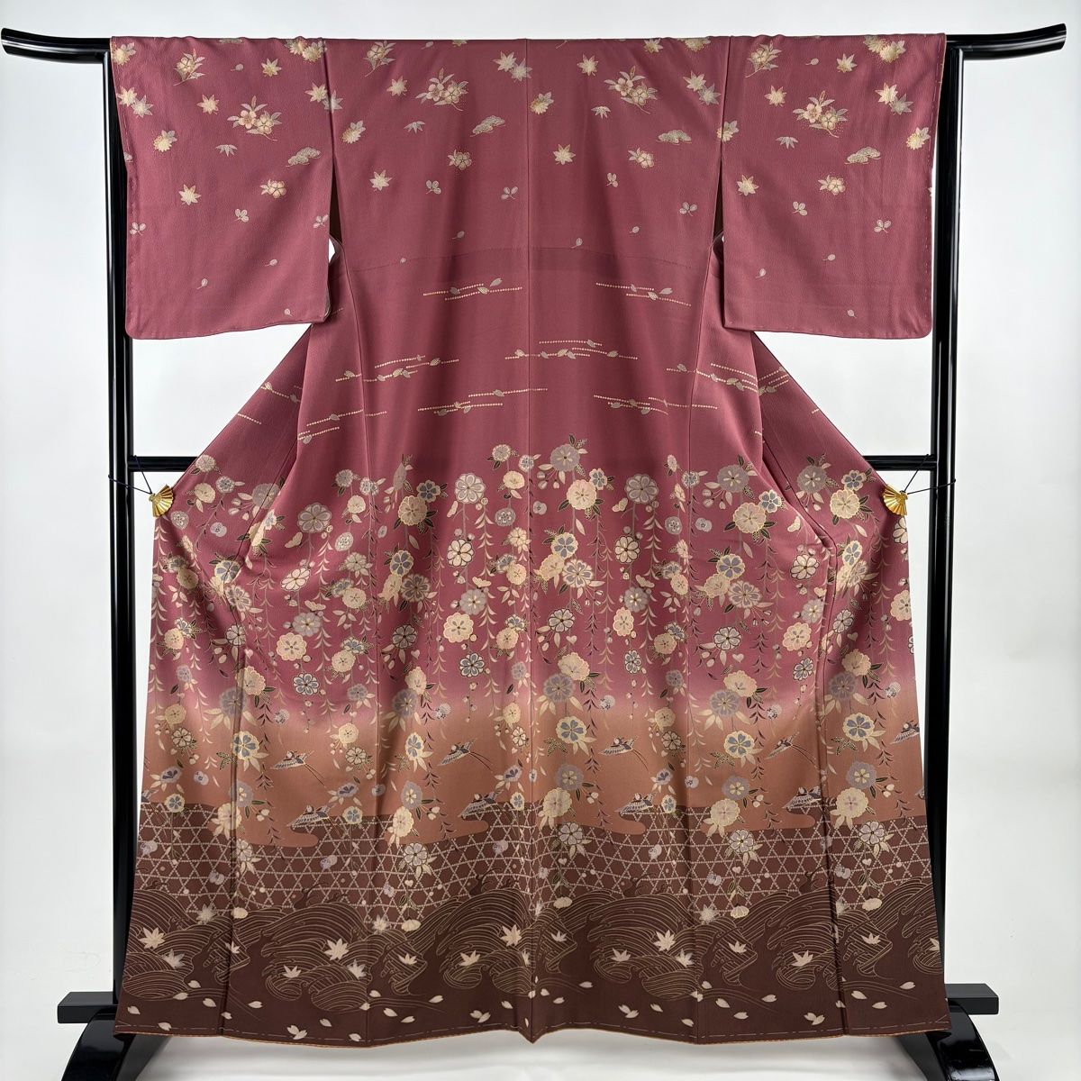 訪問着 身丈163 cm 裄丈65 M 袷 枝垂れ桜 波頭 金彩 染め分け 赤紫 正絹 秀品