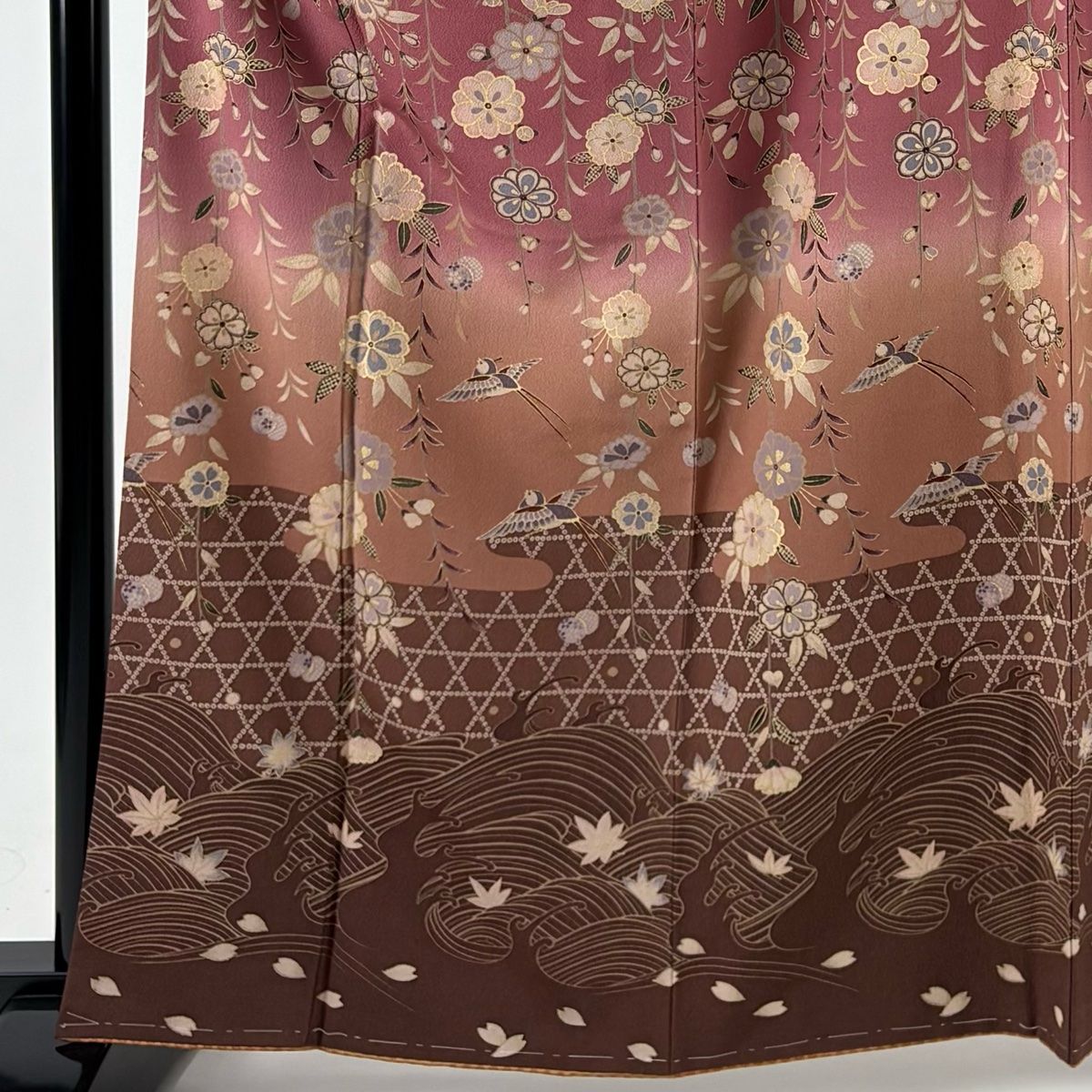 訪問着 身丈163 cm 裄丈65 M 袷 枝垂れ桜 波頭 金彩 染め分け 赤紫 正絹 秀品