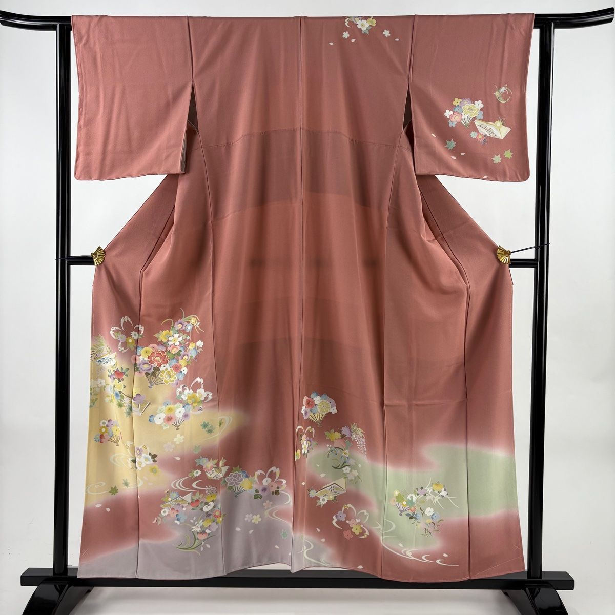 訪問着 身丈155 cm 裄丈63 S 袷 花扇 冊子 金彩 金糸 ピンク 正絹 秀品