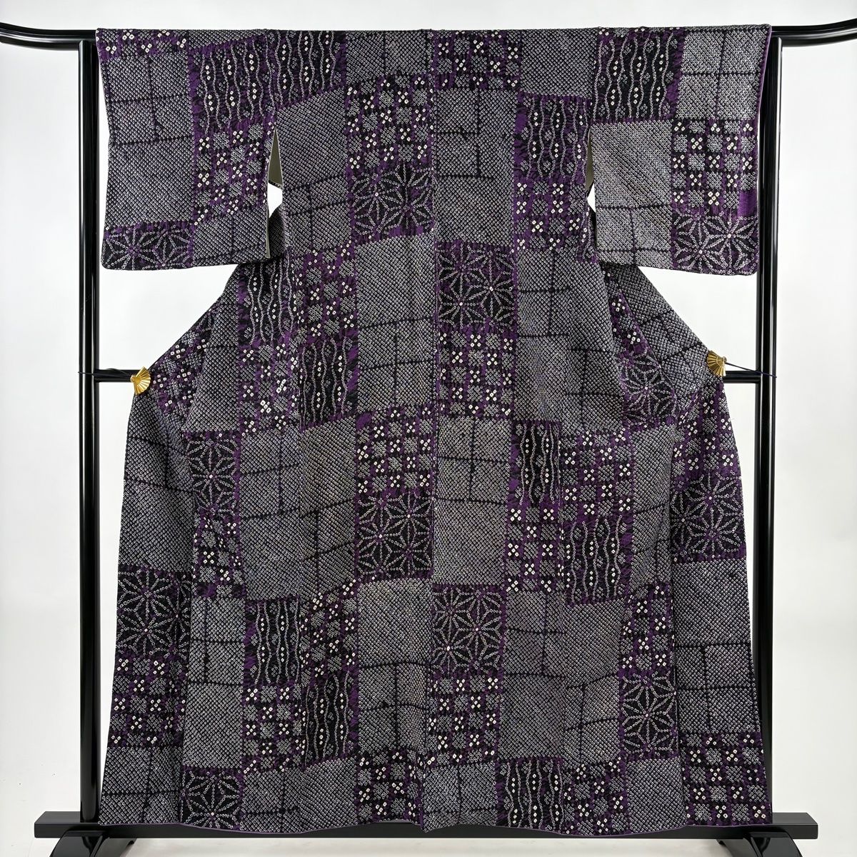 美品】 小紋 身丈157cm 裄丈64cm M 袷 麻の葉 立涌 総絞り 濃紫 正絹
