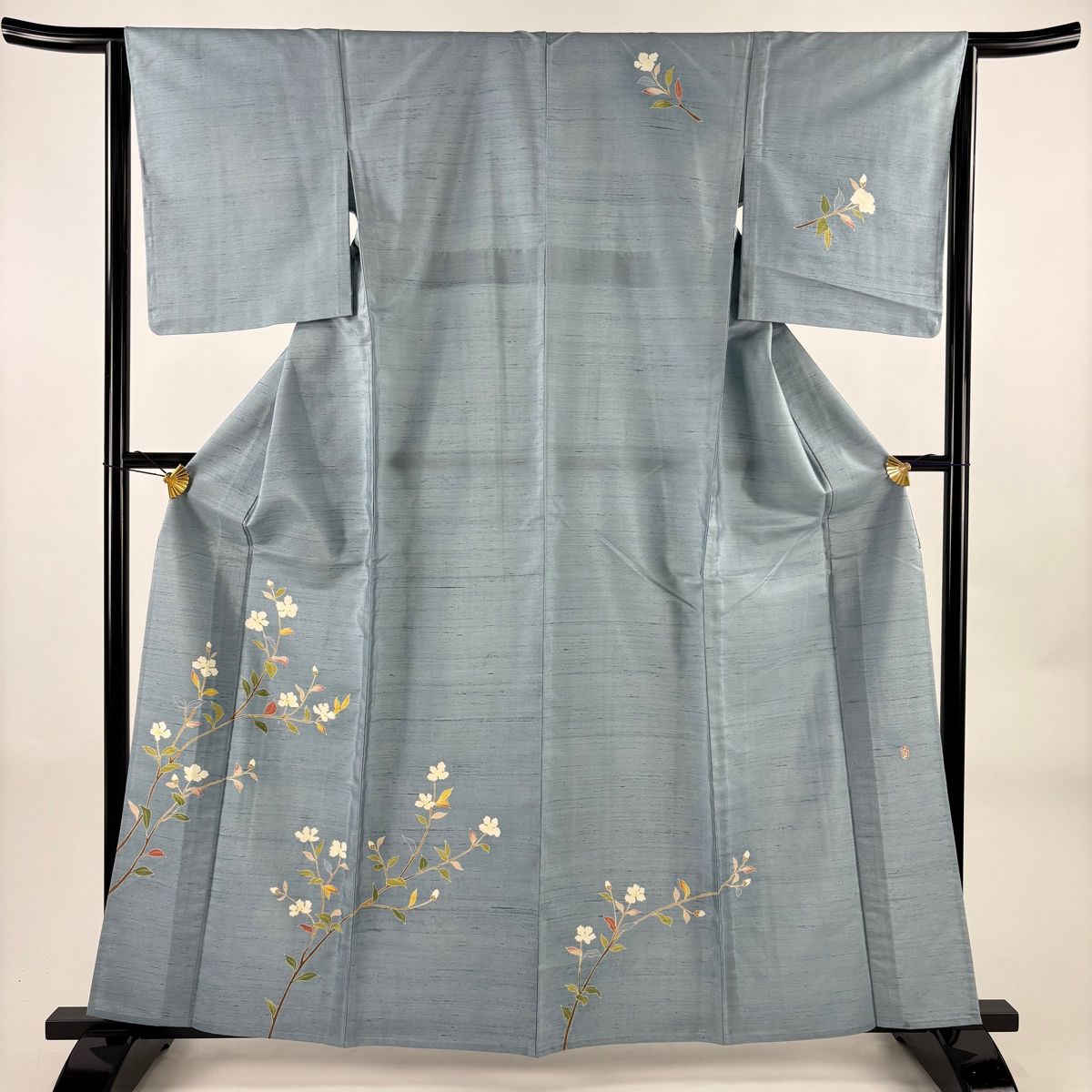 付下げ 身丈162cm 裄丈64cm M 単衣 紬地 落款 枝花 水色 正絹 秀品