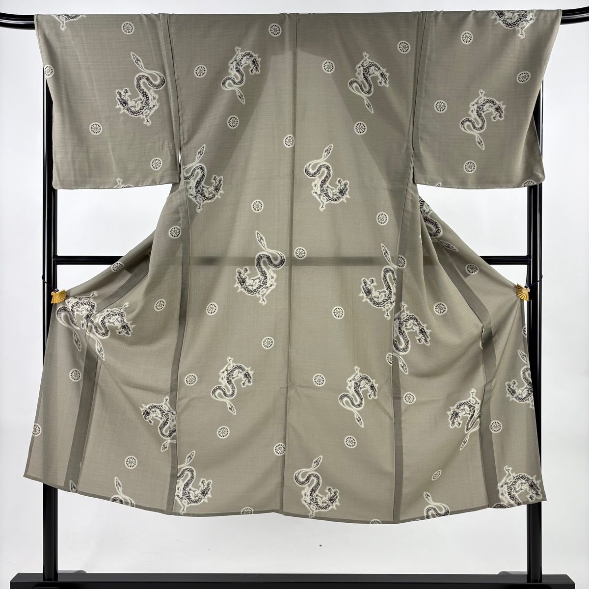 男着物 身丈141.5 cm 裄丈70.5 M 単衣 龍 太陽 灰緑 化繊 秀品