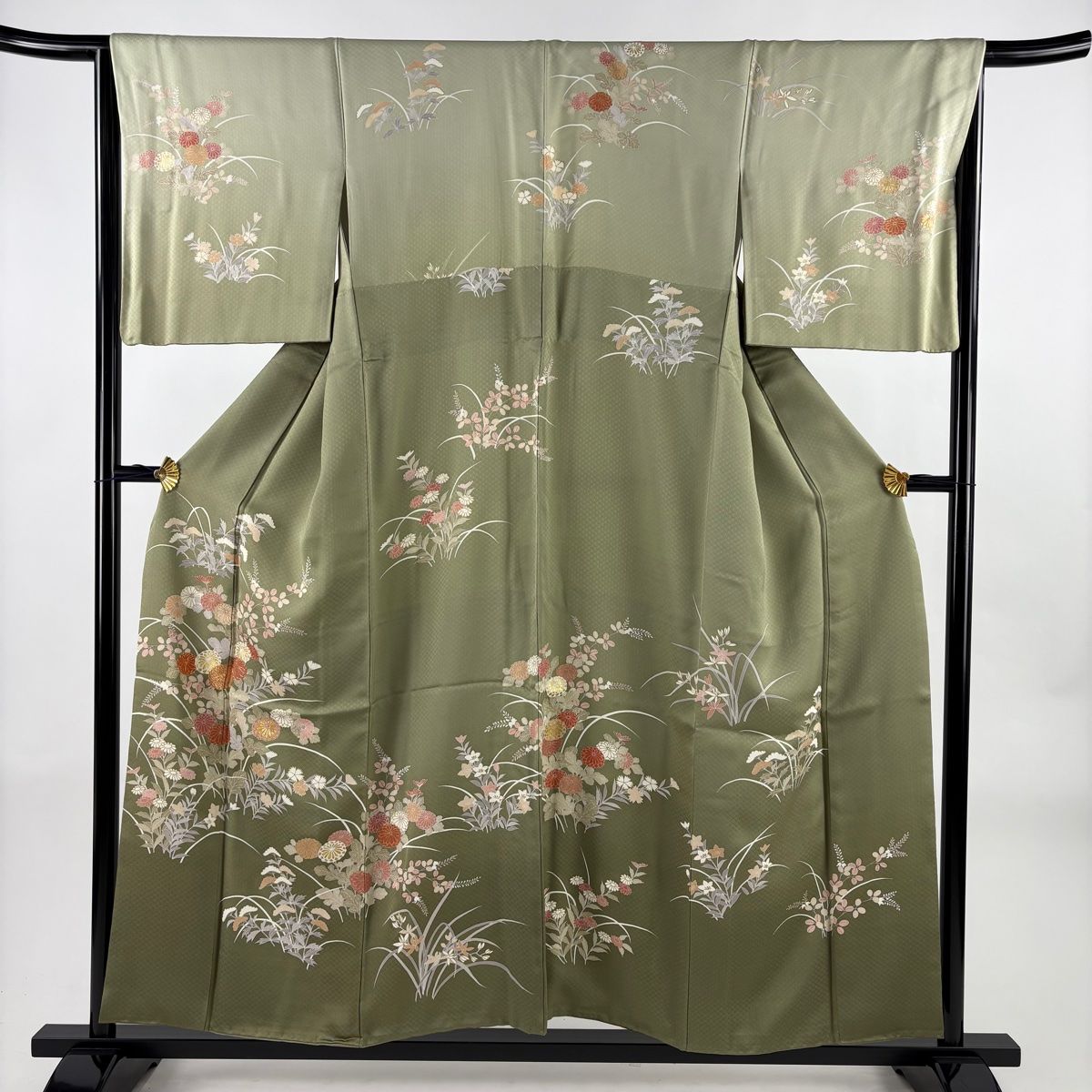 訪問着 身丈154.5 cm 裄丈65.5 M 袷 秋草 芝 金糸 金彩 灰緑 正絹 秀品