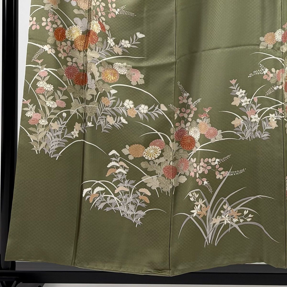 訪問着 身丈154 5 cm 裄丈65 M 袷 秋草 芝 金糸 金彩 灰緑 正絹 秀品