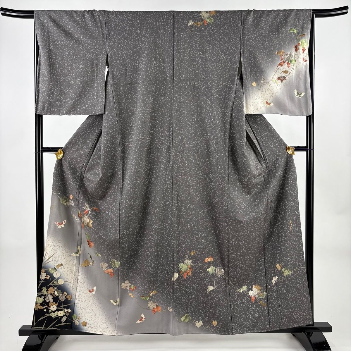 訪問着 身丈159cm 裄丈65cm M 袷 落款 葡萄 蝶 金銀彩 螺鈿 灰色 正絹