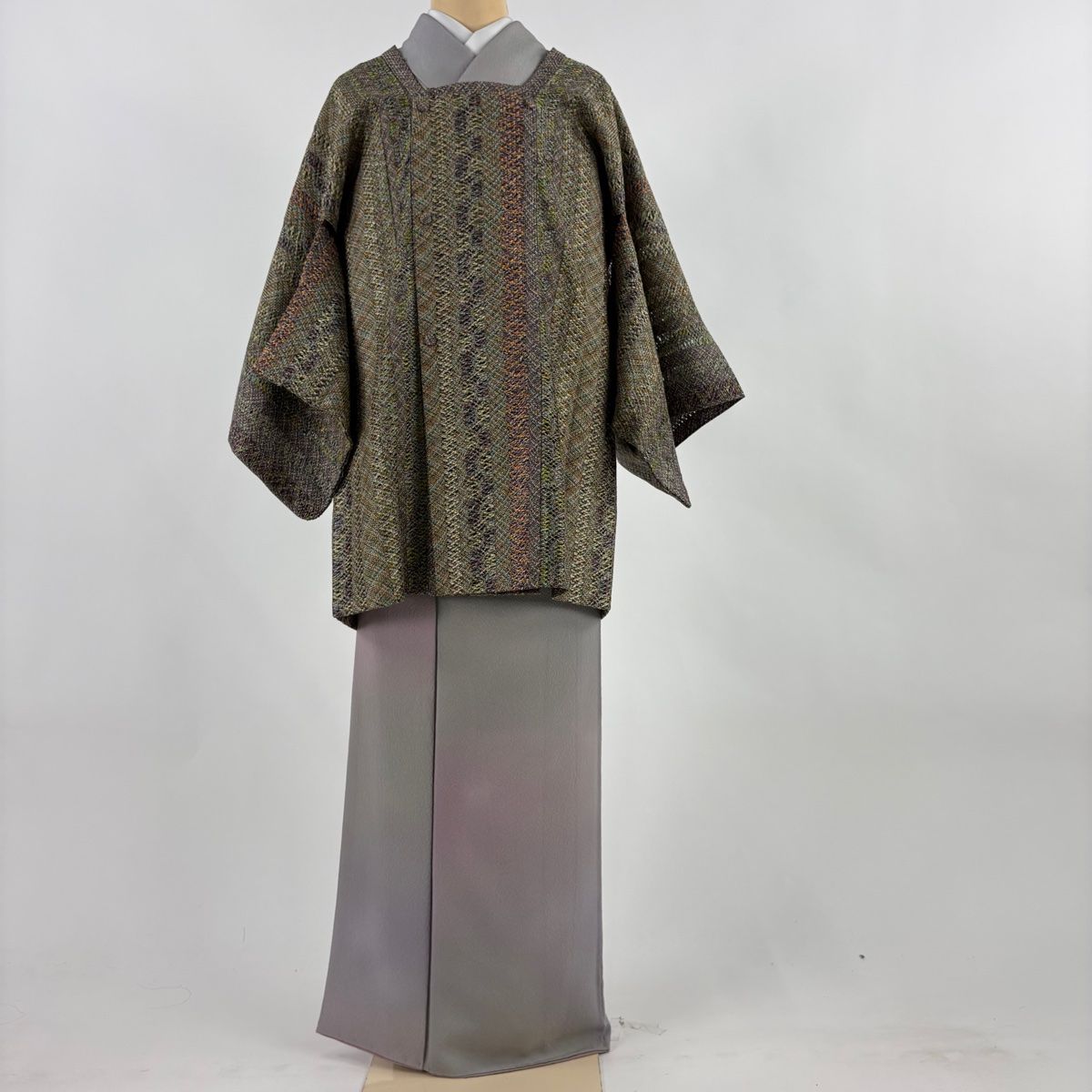道行 身丈84.5 cm 裄丈62 S 和装コート 角衿 ショール付き 縦縞 幾何学模様 茶緑色 正絹 秀品