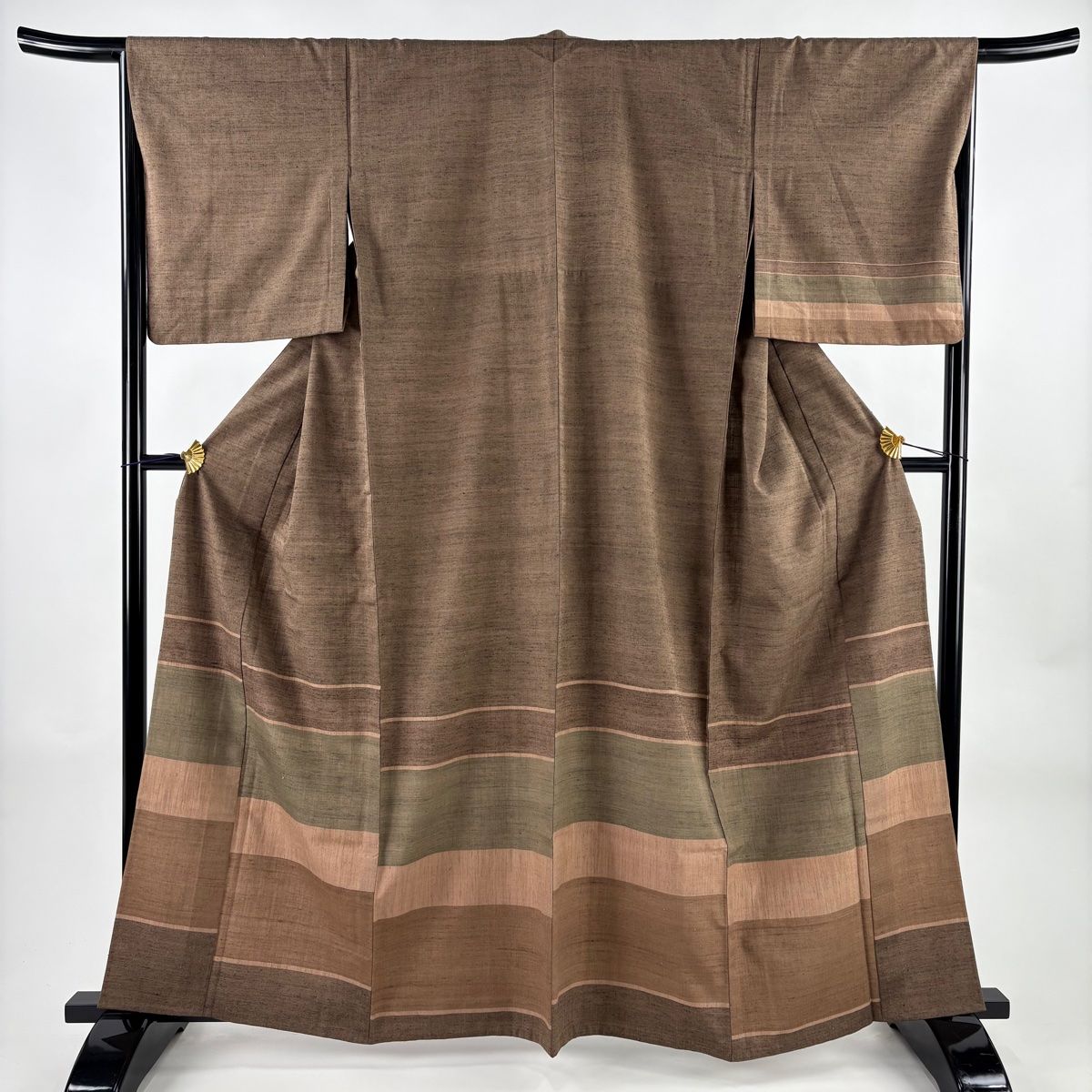 付下げ 身丈162 cm 裄丈66 M 単衣 結城紬地 やまと 証紙 段縞 焦茶色 正絹 秀品