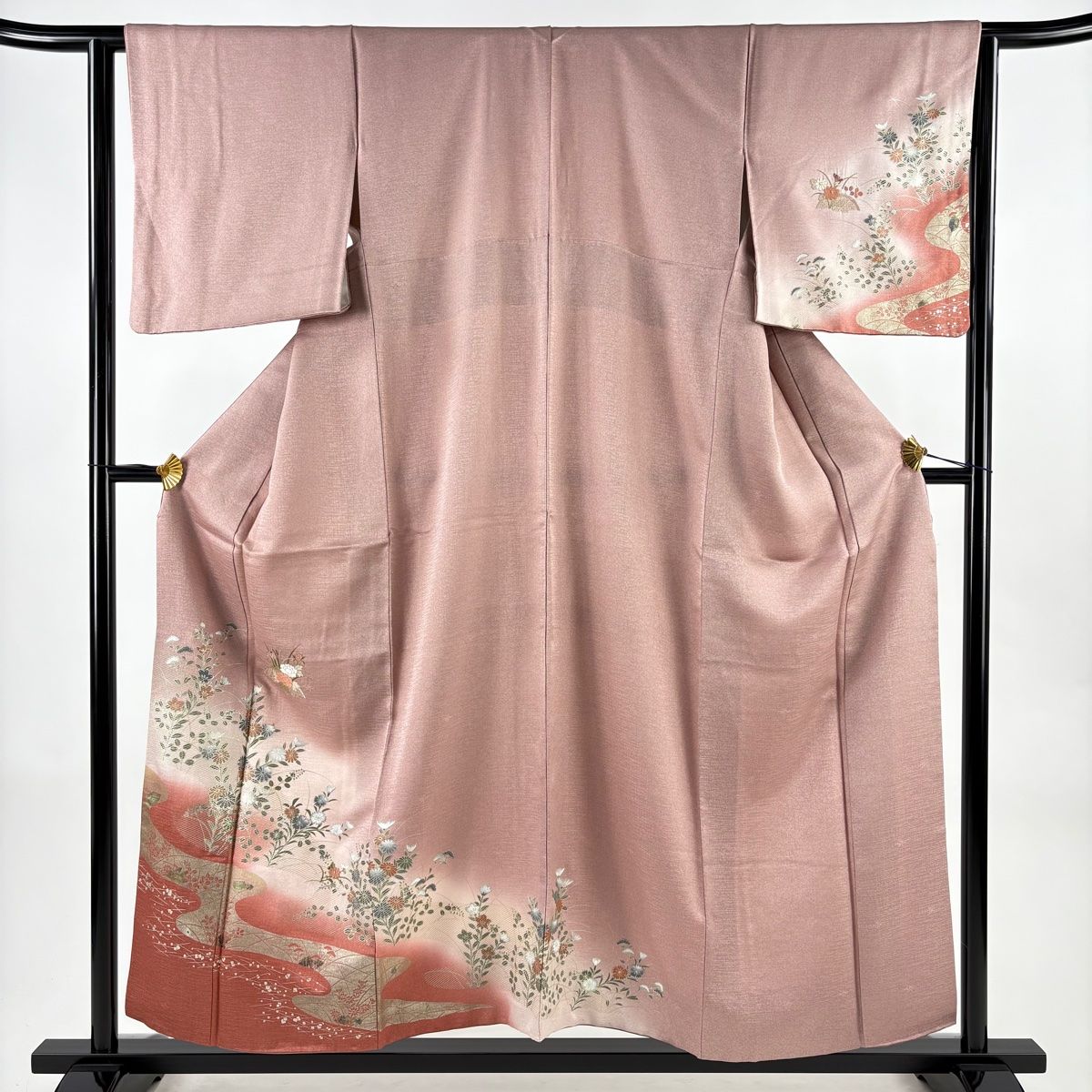 訪問着 身丈156 cm 裄丈62 5 S 袷 秋草 流水 刺繍 金糸 薄小豆 正絹 秀品