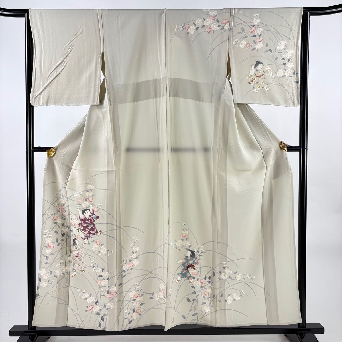 訪問着 身丈156 cm 裄丈64.5 M 単衣 童 草花 金彩 灰茶 正絹 秀品