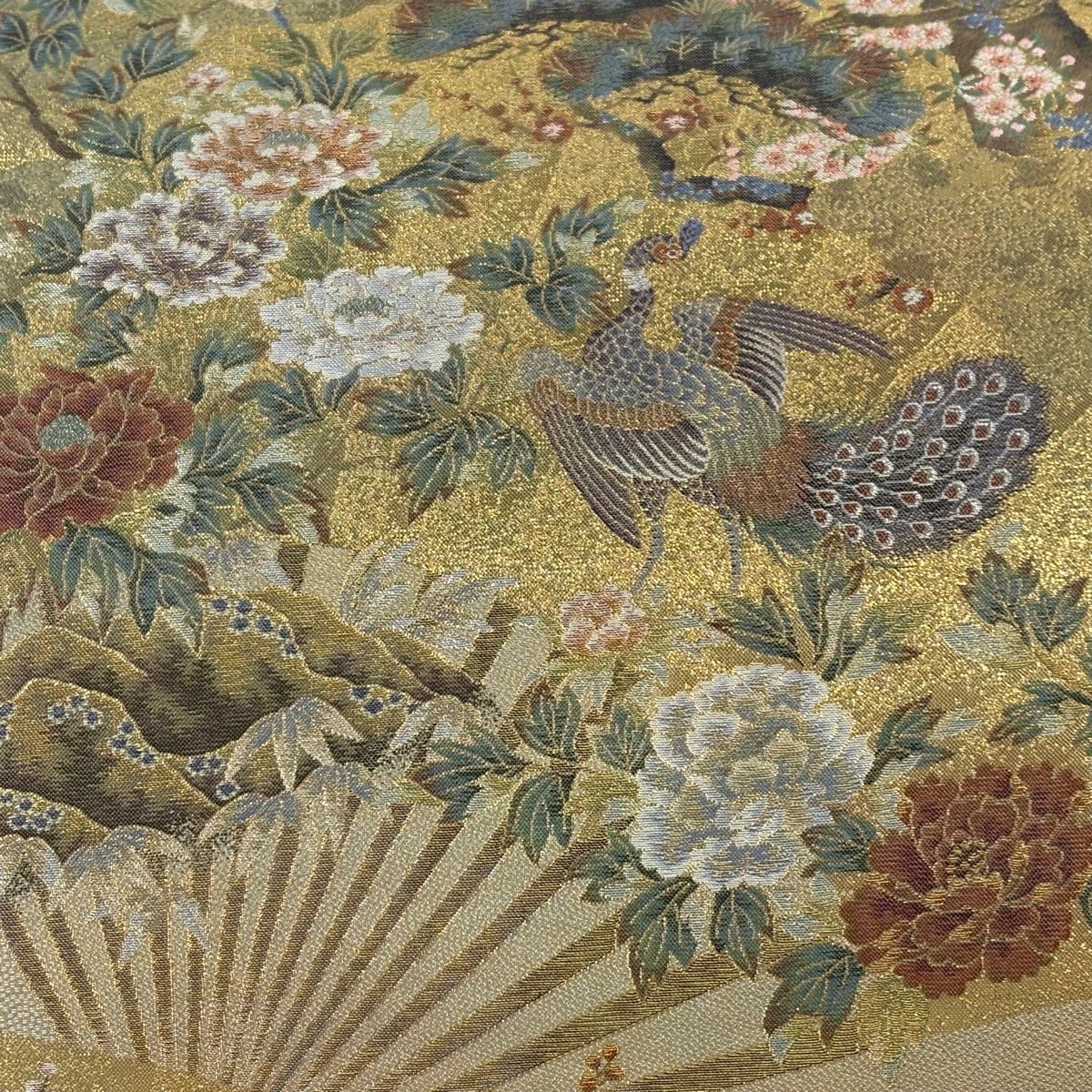 丸帯 日本屏風絵大観 壱阡八百口織 扇 花鳥 金糸 本金箔 金色 お太鼓柄 正絹