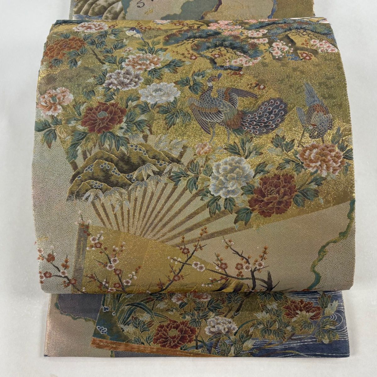 丸帯 名品 日本屏風絵大観 壱阡八百口織 扇 花鳥 金糸 本金箔 金色 お太鼓柄 正絹