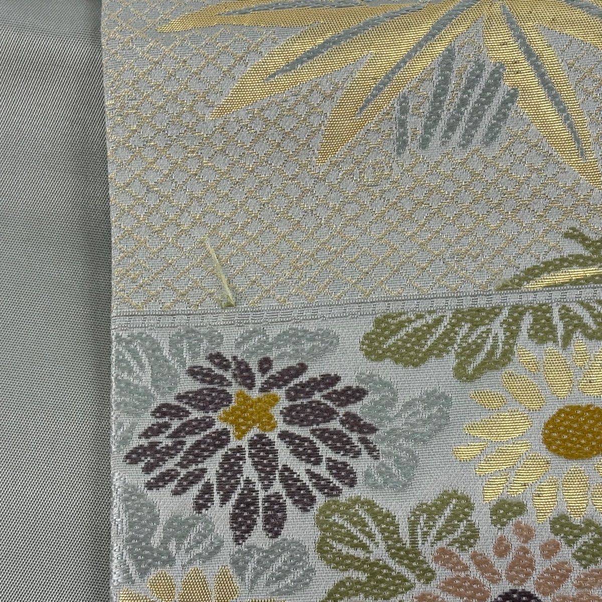 袋帯 名品 箔屋清兵衛 落款 草木染 菊竹厚板文 市松 箔 灰色 六通 正絹