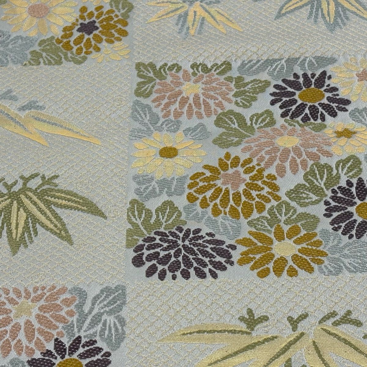 袋帯 名品 箔屋清兵衛 落款 草木染 菊竹厚板文 市松 箔 灰色 六通 正絹