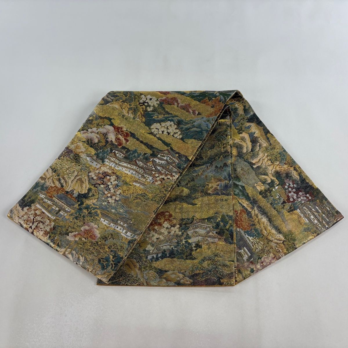  丸帯 風景 建物 金糸 箔 金色 全通 正絹 丸帯 帯