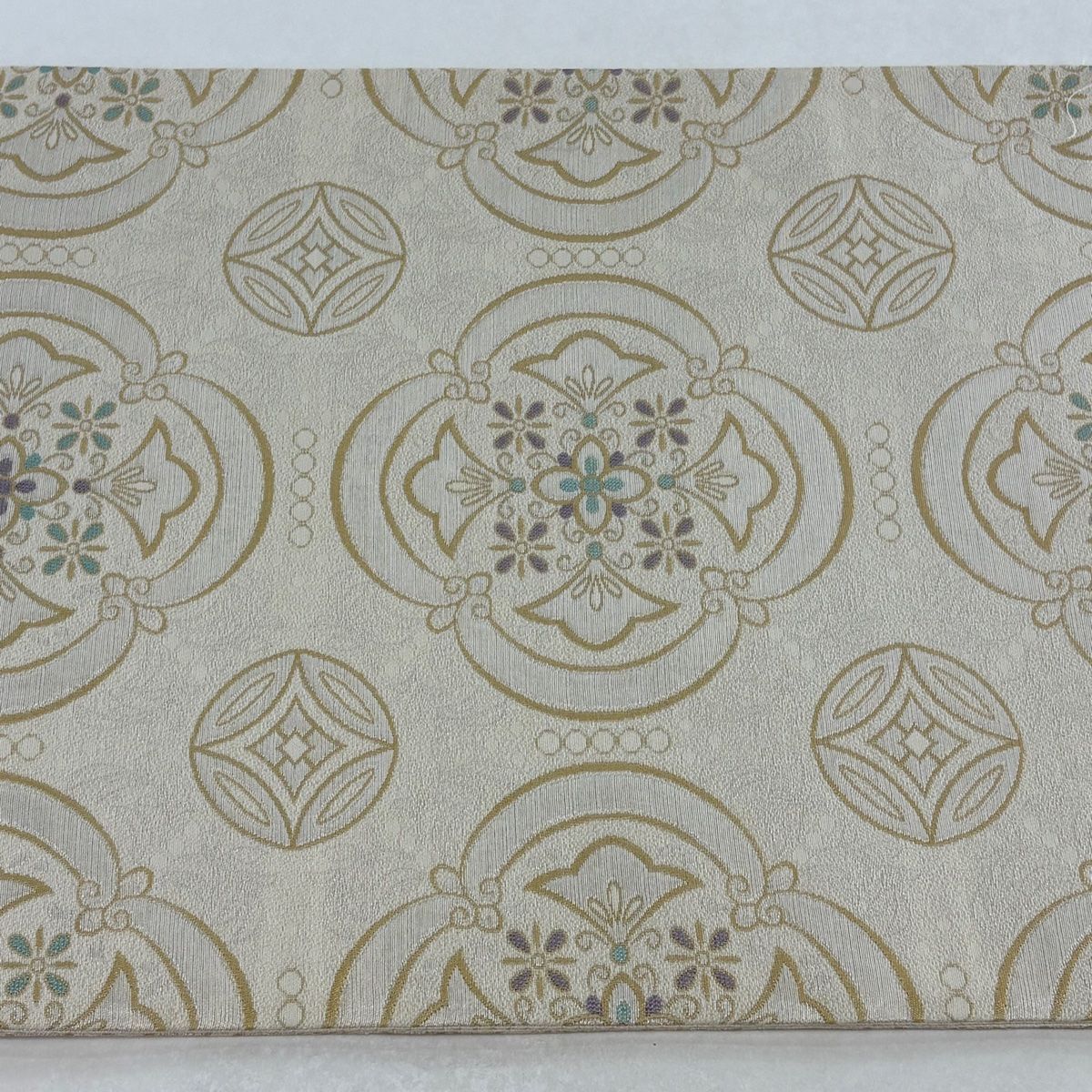 美品】袋帯 名品 夢みやび 華文 七宝 銀通し 灰白 六通 正絹 【中古