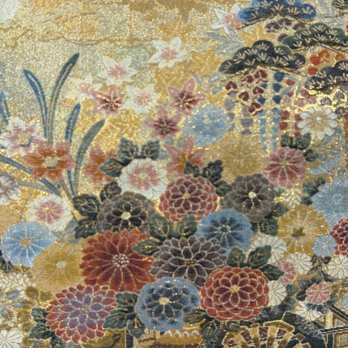 丸帯 花車 菊 箔 金色 お太鼓柄 正絹