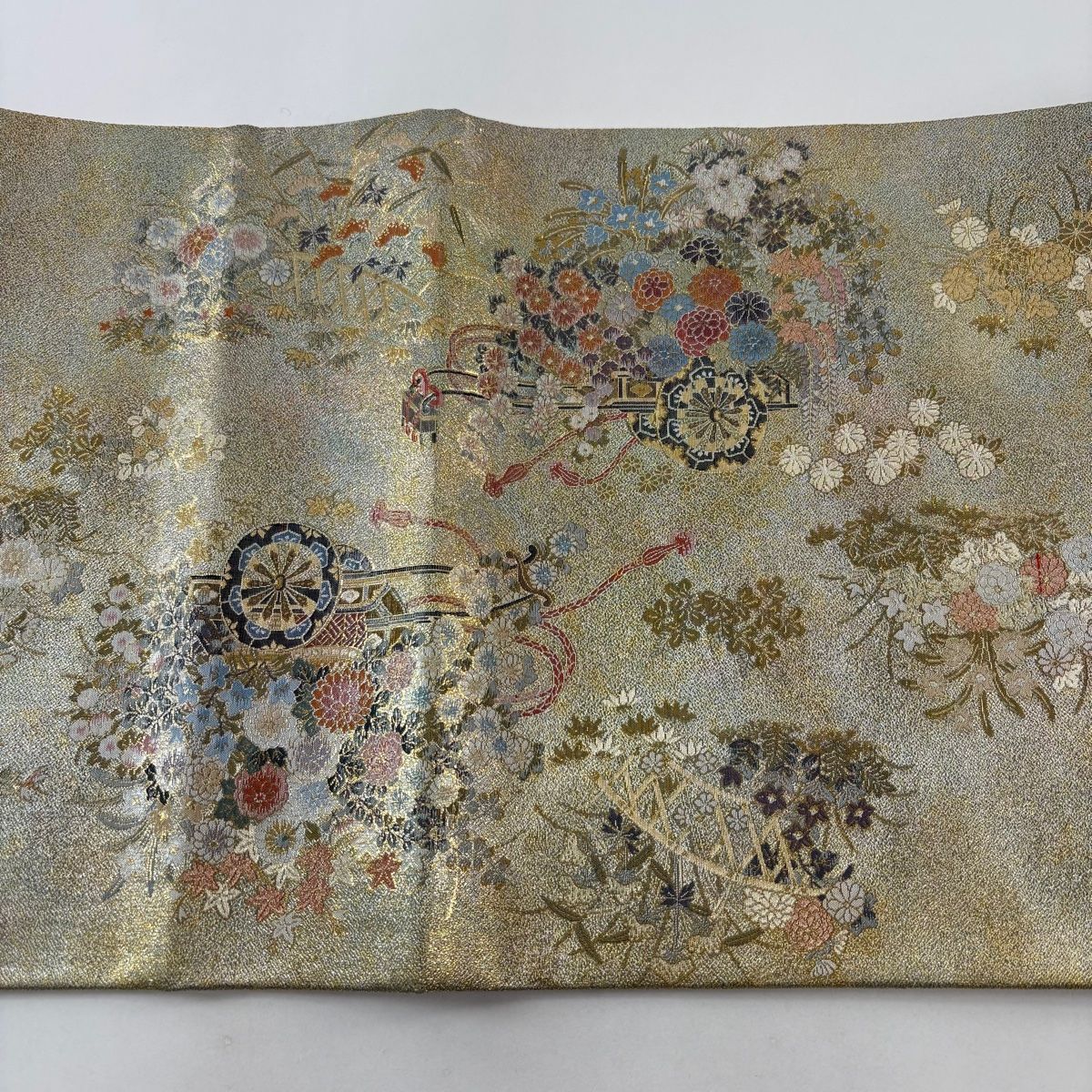  丸帯 花車 菊 箔 金色 お太鼓柄 正絹 丸帯 帯