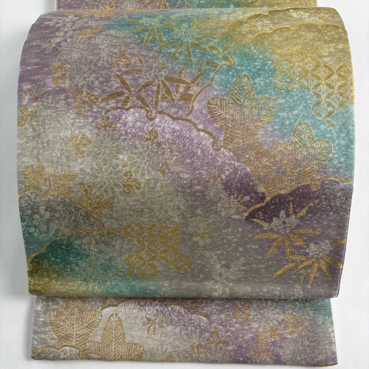 美品】 袋帯 名品 雪輪 ベスト 松竹梅 金銀糸 ぼかし 薄緑 全通 正絹